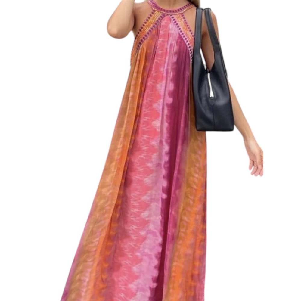 Zara Pink Orange Tie Dye Sequin Halter Maxi Dress Bohemian Festival Size M